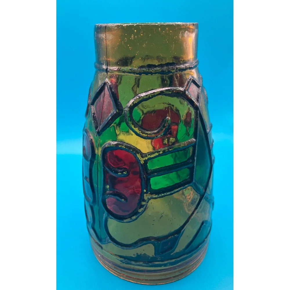 Oil Lamp Candle Chimney Small Green Red Stained Glass Style Relief